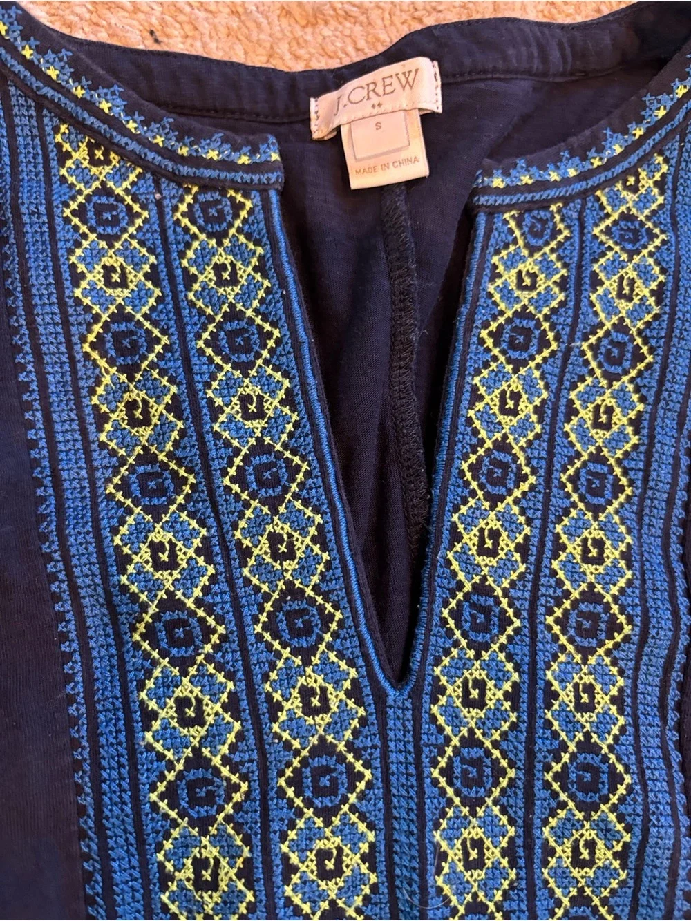J. Crew Navy Sleeveless Tank with Turquoise and Lime Embroidery